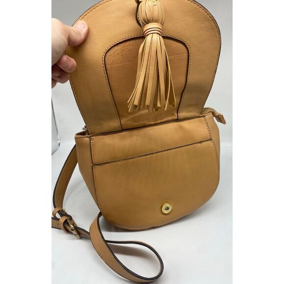 Sondra Roberts Squared cross stitched saddlebag handbag - tan and canvas - Picture 2 of 8